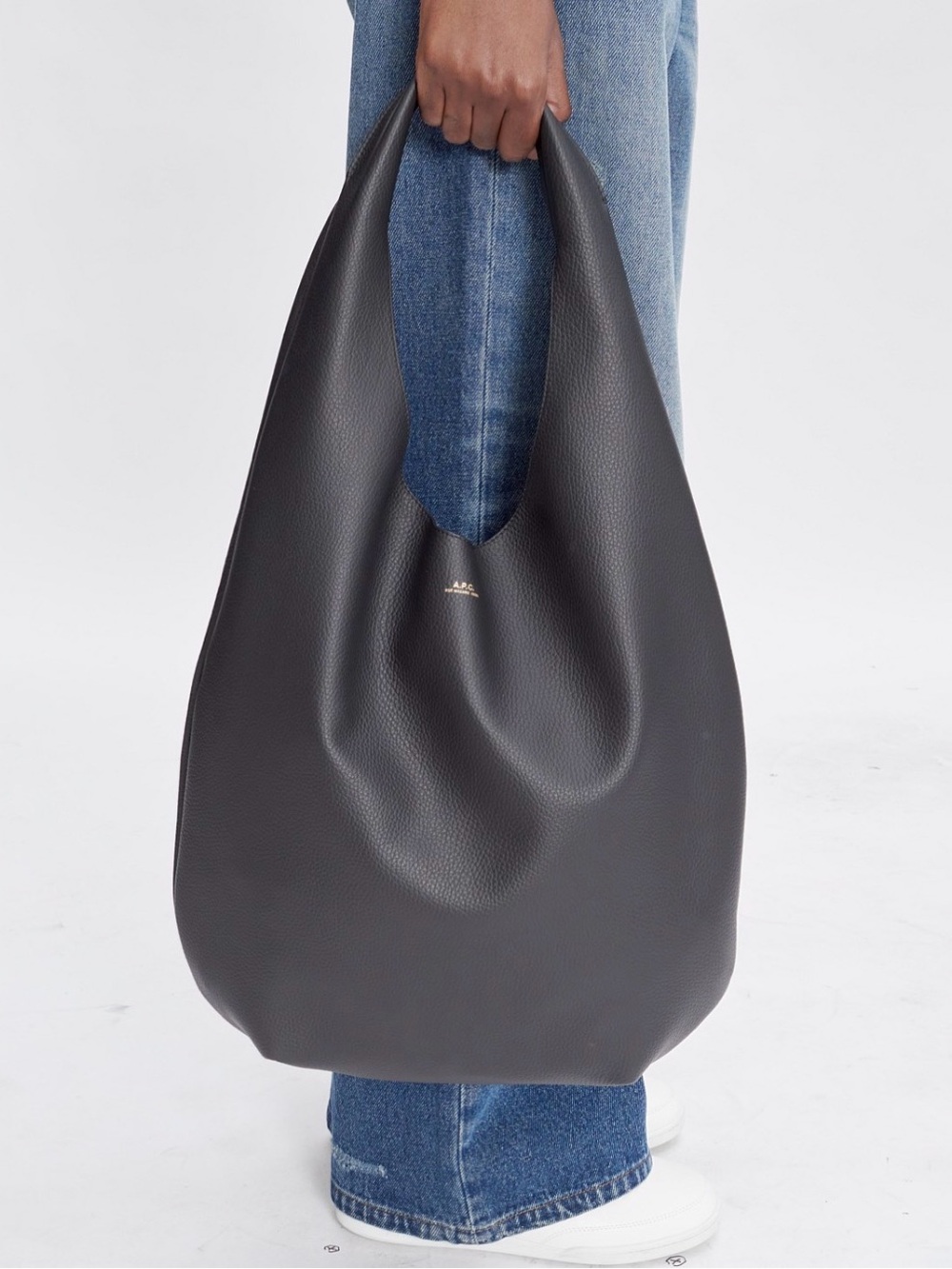 Black Minimalist Leather Shoulder Hobo Bag by David Jones